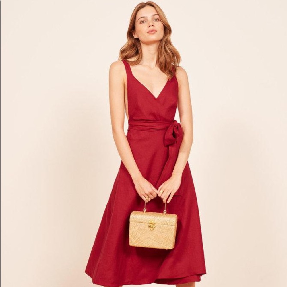 Reformation Red Linen Maggie V Neck Wrap Dress